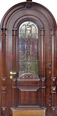 Арочная металлическая дверь массив со стеклом и ковкой ДА-50 в Жуковском