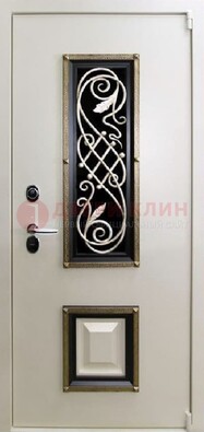 Белая стальная дверь с ковкой со стеклопакетом и МДФ ДК-30 в Жуковском