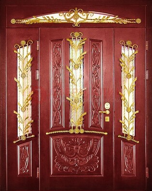 Бордовая железная парадная дверь со стеклом и ковкой ДПР-75 в Жуковском