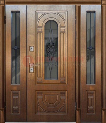 Коричневая стальная парадная дверь с фрамугой ДПР-84 в Жуковском