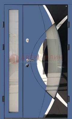 Синяя металлическая дверь со стеклом и узором ДС-13 в Жуковском