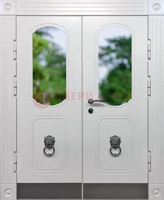 Белая двухстворчатая железная дверь со стеклом ДС-22 в Жуковском