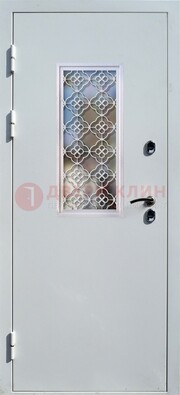 Серая металлическая дверь со стеклом и ковкой ДС-75 в Жуковском
