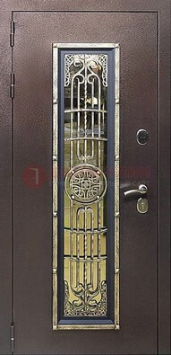 Железная дверь цвета медный антик со стеклом и ковкой ДСК-105 в Балашихе