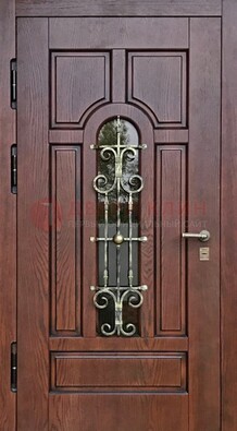 Cтальная дверь со стеклом и ковкой в коричневом цвете ДСК-119 в Жуковском