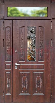 Коричневая железная дверь со стеклом и ковкой на улицу ДСК-127 в Жуковском