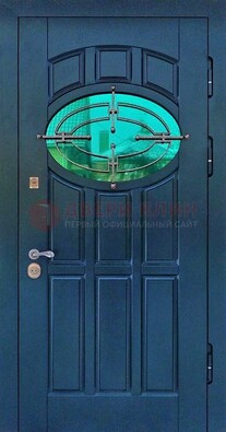 Синяя металлическая дверь со стеклом и ковкой ДСК-143 в Жуковском