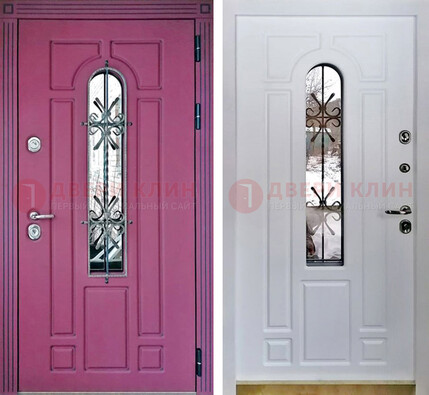 Розовая металлическая дверь со стеклом и ковкой ДСК-151 в Жуковском