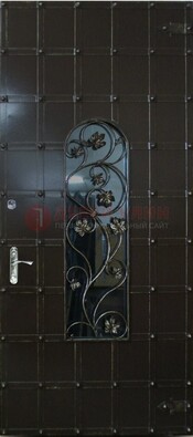 Высокая железная дверь со стеклом и ковкой ДСК-15 в Дзержинском