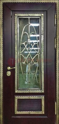 Темная уличная дверь порошок со стеклом и ковкой ДСК-167 в Жуковском