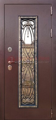 Коричневая стальная дверь порошок со стеклом и ковкой для дома ДСК-169 в Тамбове
