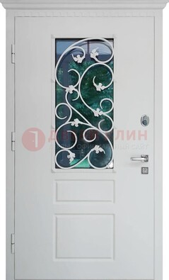 Белая металлическая дверь винорит со стеклом и ковкой ДСК-184 в Жуковском