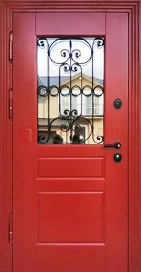 Красная железная дверь Винорит со стеклом и ковкой ДСК-205 в Жуковском