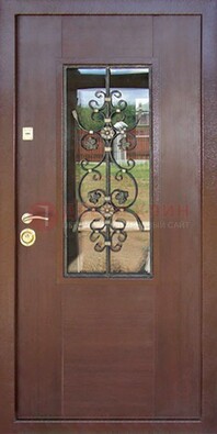 Входная дверь Винорит со стеклом и ковкой в коричневом цвете ДСК-212 в Жуковском