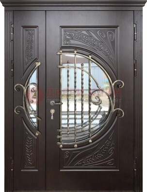 Темная стальная дверь Винорит стекло и ковка для коттеджа ДСК-273 в Липецке