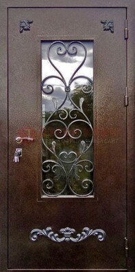 Коричневая железная дверь Порошок со стеклом и ковкой ДСК-283 в Иваново