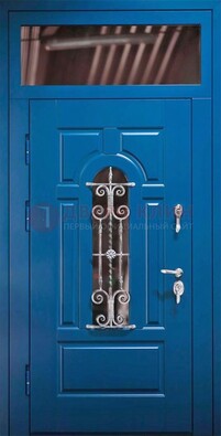 Синяя железная филенчатая дверь со стеклом и ковкой ДСК-97 в Видном