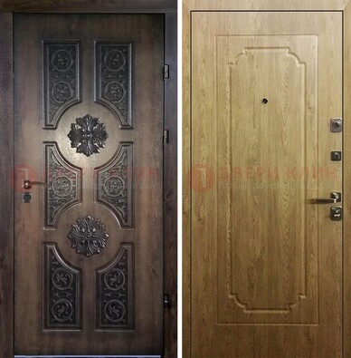 Железная коричневая дверь с виноритом и терморазрывом Золотой дуб внутри ДВТ-101 в Жуковском