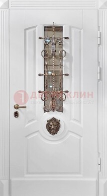Белая металлическая дверь с виноритом и стеклом с ковкой ДВТ-165 в Жуковском