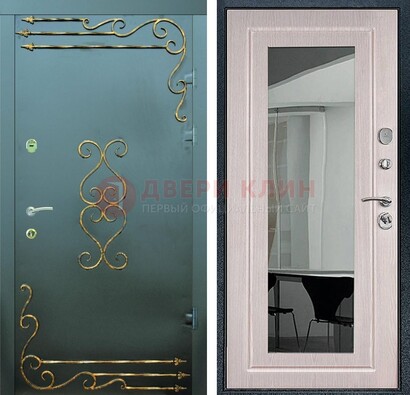 Железная темная дверь c порошковым напылением и МДФ Белый дуб с зеркалом ДЗ-110 в Жуковском