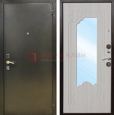 Входная темно-серая дверь c порошковым покрытием и МДФ с резьбой и зеркалом ДЗ-113 в Жуковском