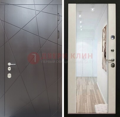 Железная коричневая дверь со светлой МДФ внутри и зеркалом ДЗ-125 в Жуковском