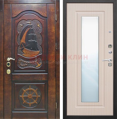 Темная уличная дверь с резьбой и зеркалом внутри ДЗ-49 в Жуковском