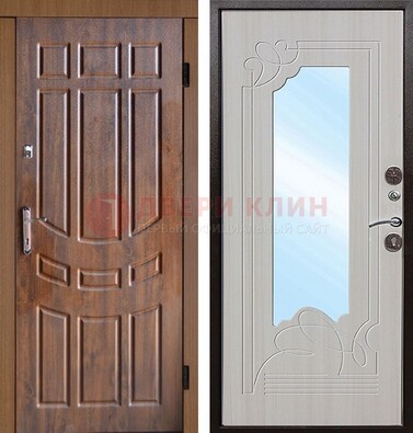 Коричневая уличная дверь c виноритом и терморазрывом МДФ Беленый дуб  с зеркалом ДЗ-97 в Севастополе