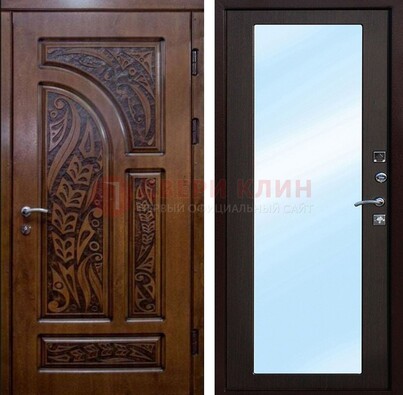 Коричневая входная дверь c узором и виноритом МДФ с зеркалом ДЗ-98 в Жуковском