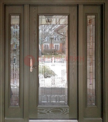 Коричневая стальная дверь с массивом дуба с витражом ВЖ-16 в Жуковском
