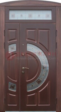 Коричневая двухстворчатая железная дверь с МДФ и витражом ВЖ-29 в Жуковском