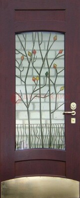 Бордовая стальная дверь с витражом и декоративным элементом ВЖ-3 в Краснодаре